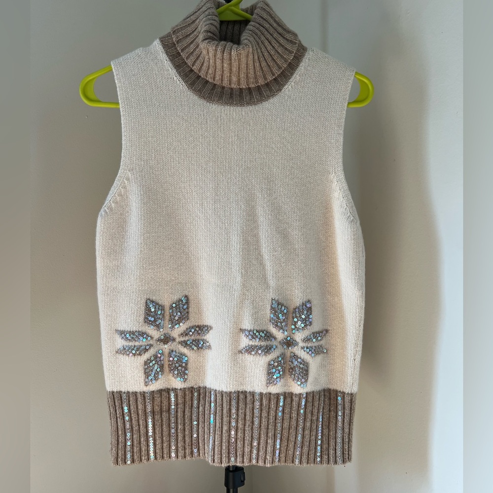 The Limited Sequin Snowflake Ivory & Tan Sleeveless Turtleneck Sweater Women’s